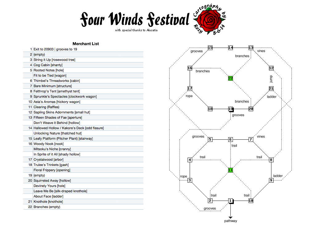 Map of fest-Midsummers-Night-1266356986 showing room [Circle of Trees, Entry]. Click on rooms to navigate or use the nearby rooms list below for accessible navigation.